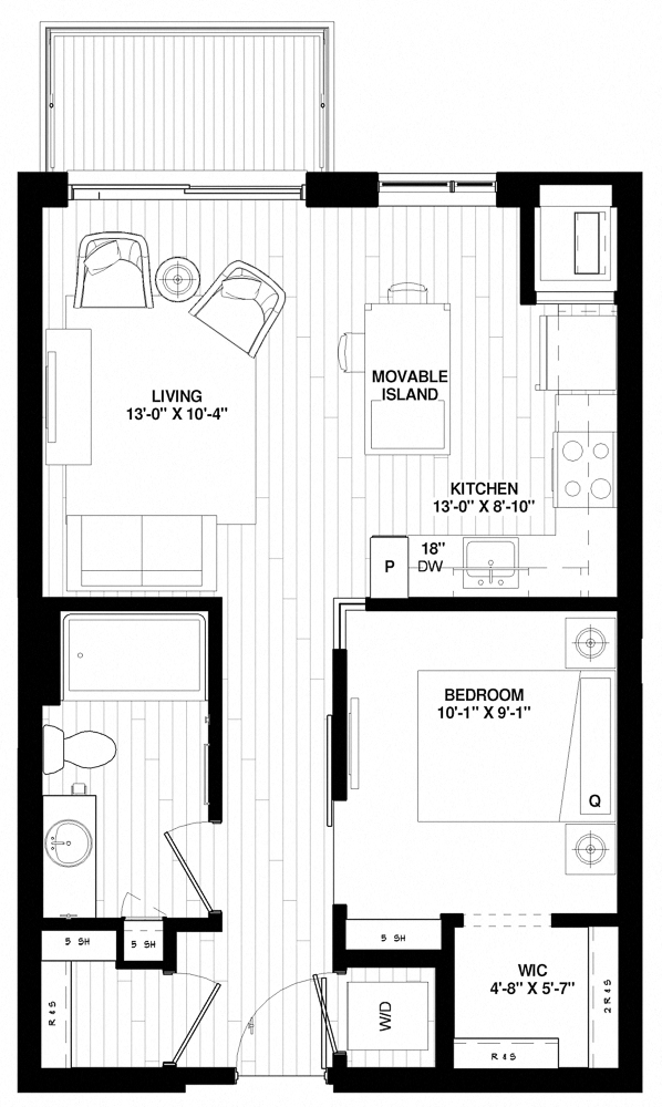 Floor plan for studio, 1 bath, 601 sqft